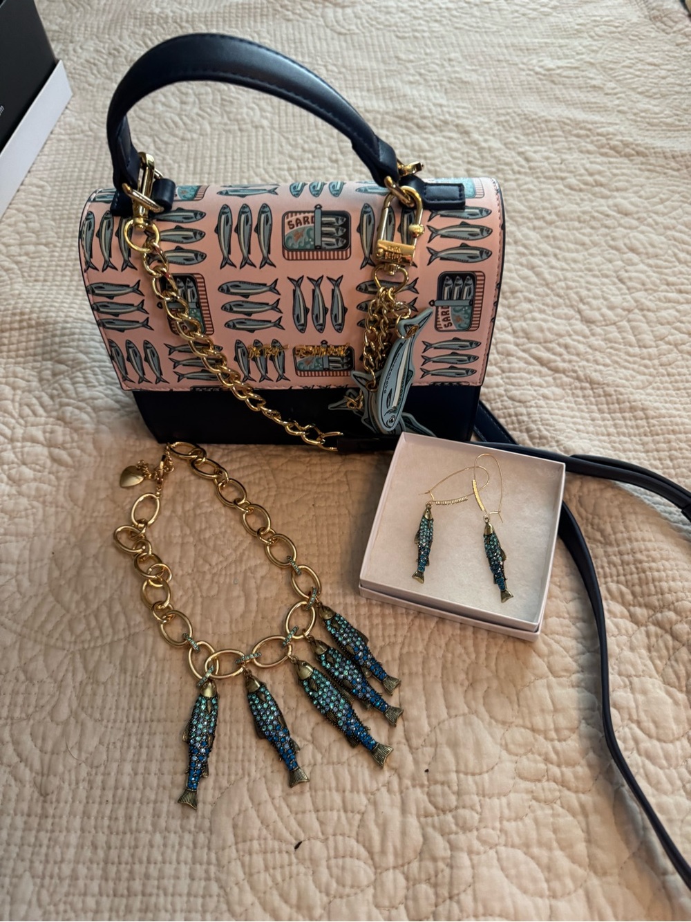 Betsey Johnson Pink and Blue Sardine Fish Print Purse Necklace Earrings